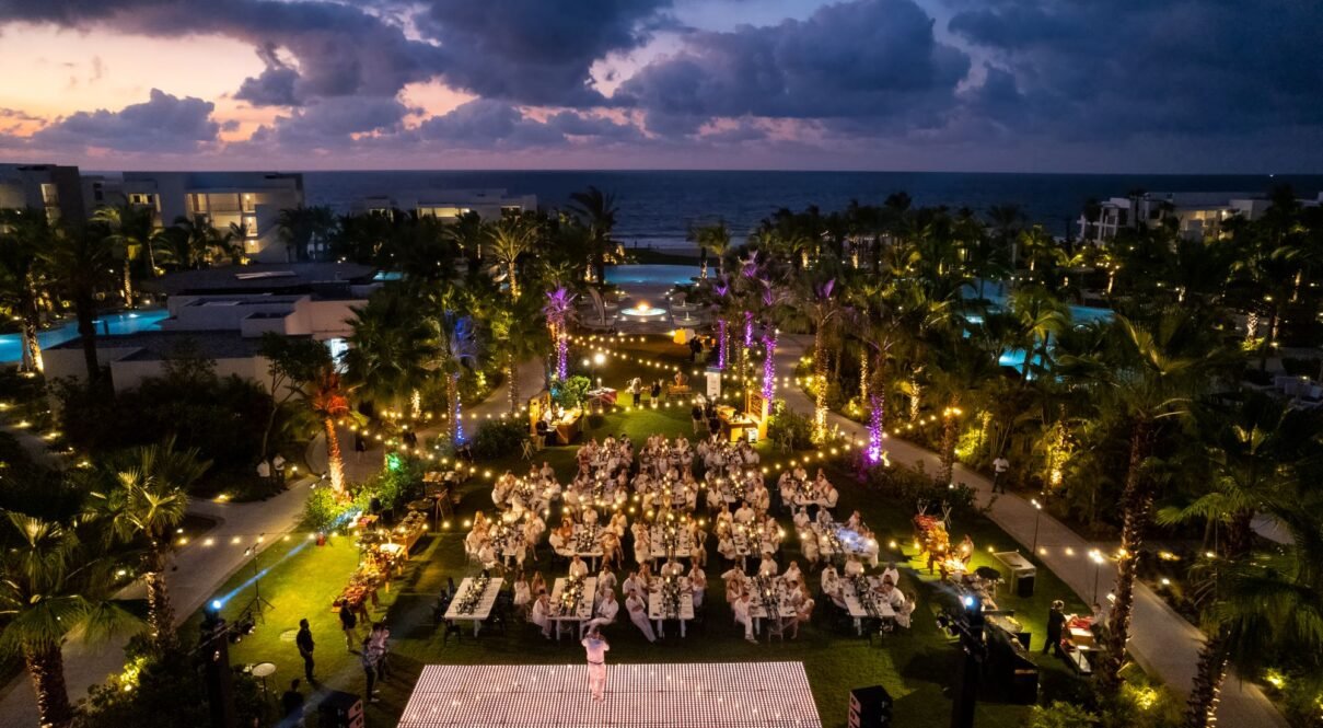 Aerial view of the resort where the wedding ceremony is going on and guests are enjoying