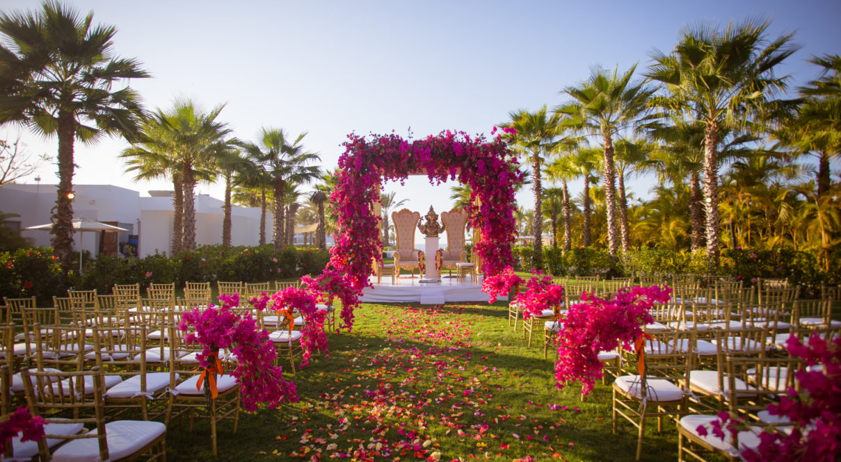 Atrium in pink prepared for a wedding