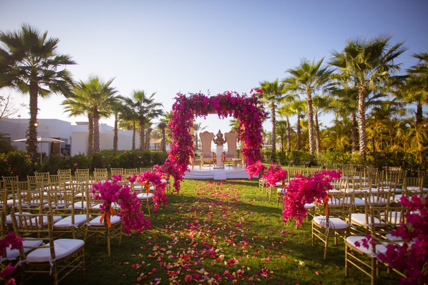 Atrium in pink prepared for a wedding