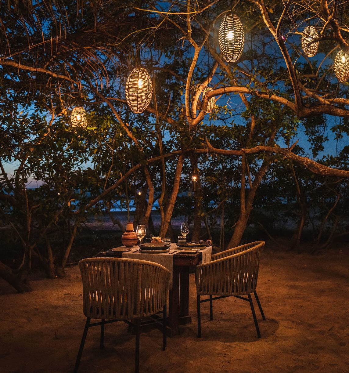 Outdoor table and chair with tree lighting