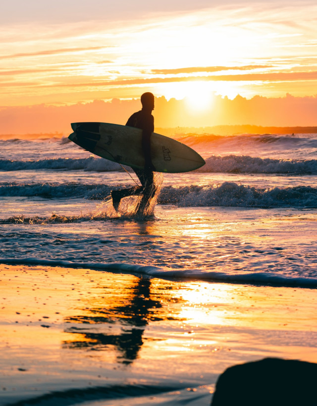 Hombre que sostiene la tabla de surf durante la puesta de sol