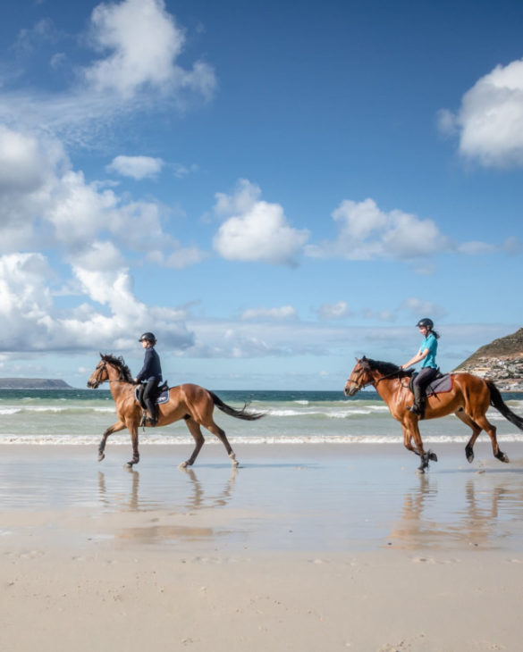 Dos caballos con jinete cabalgando por la playa