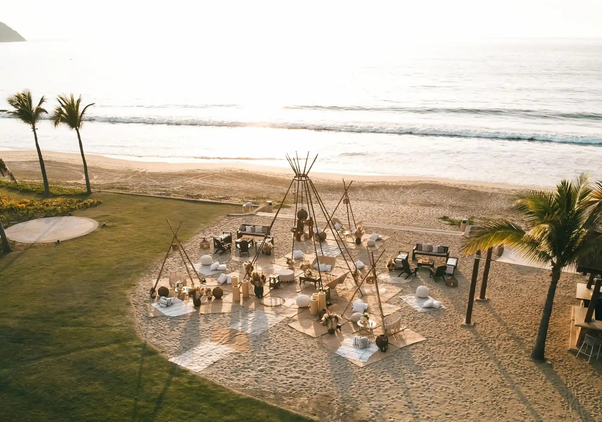 An aerial photograph captures a beautifully arranged space set up for the celebration.