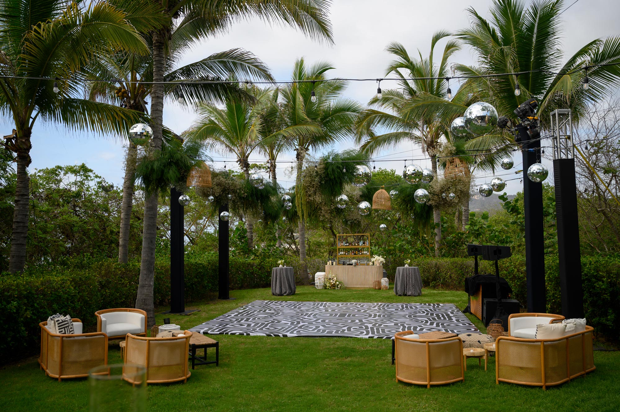 A beautiful wedding decoration is set up on the lawn for the celebration.