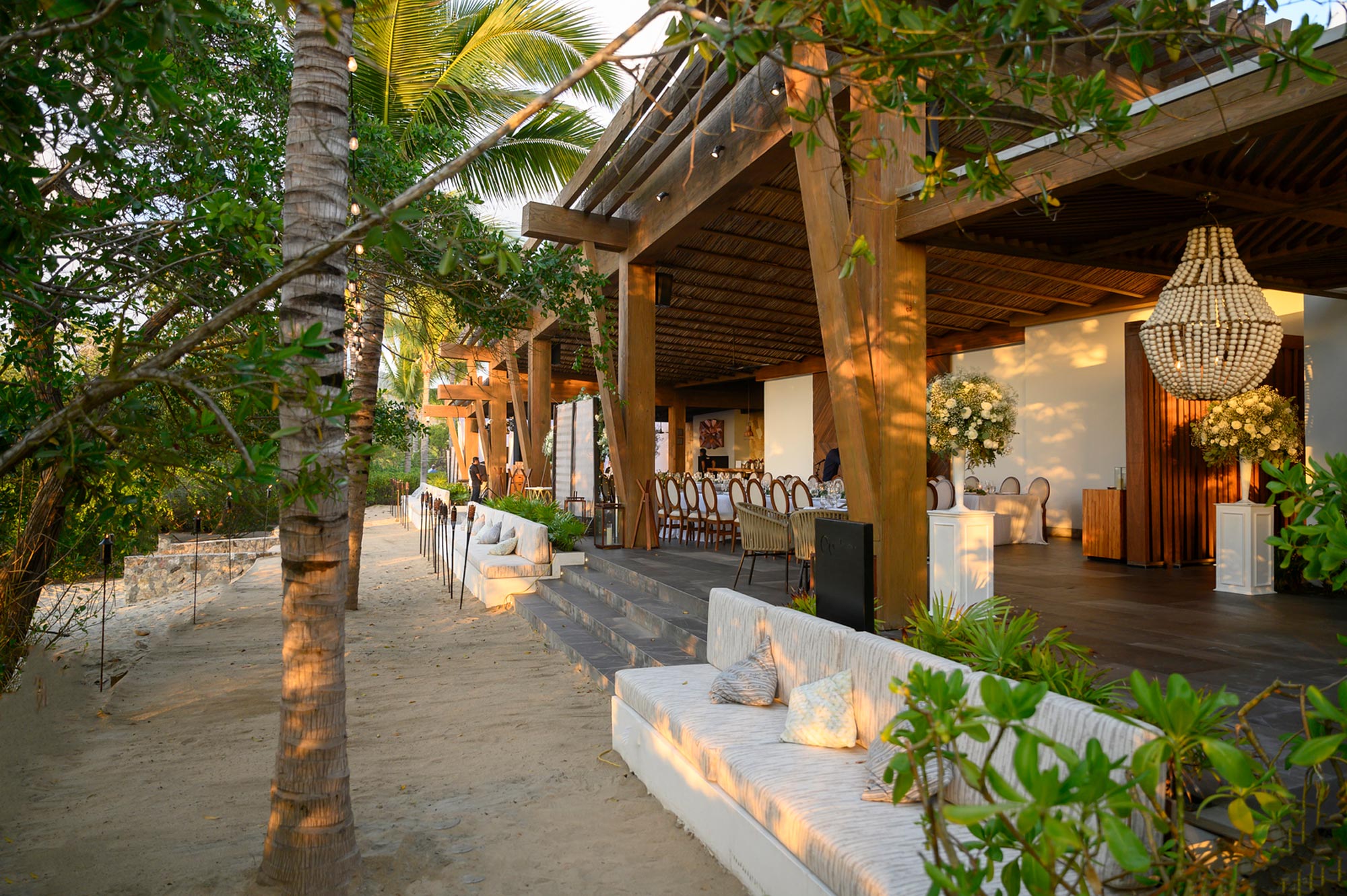 A beautiful arrangement is made outside at the resort for the wedding celebration.