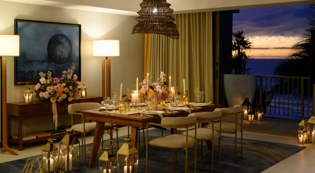 A dining table is beautifully decorated with flowers and candles for the celebration.