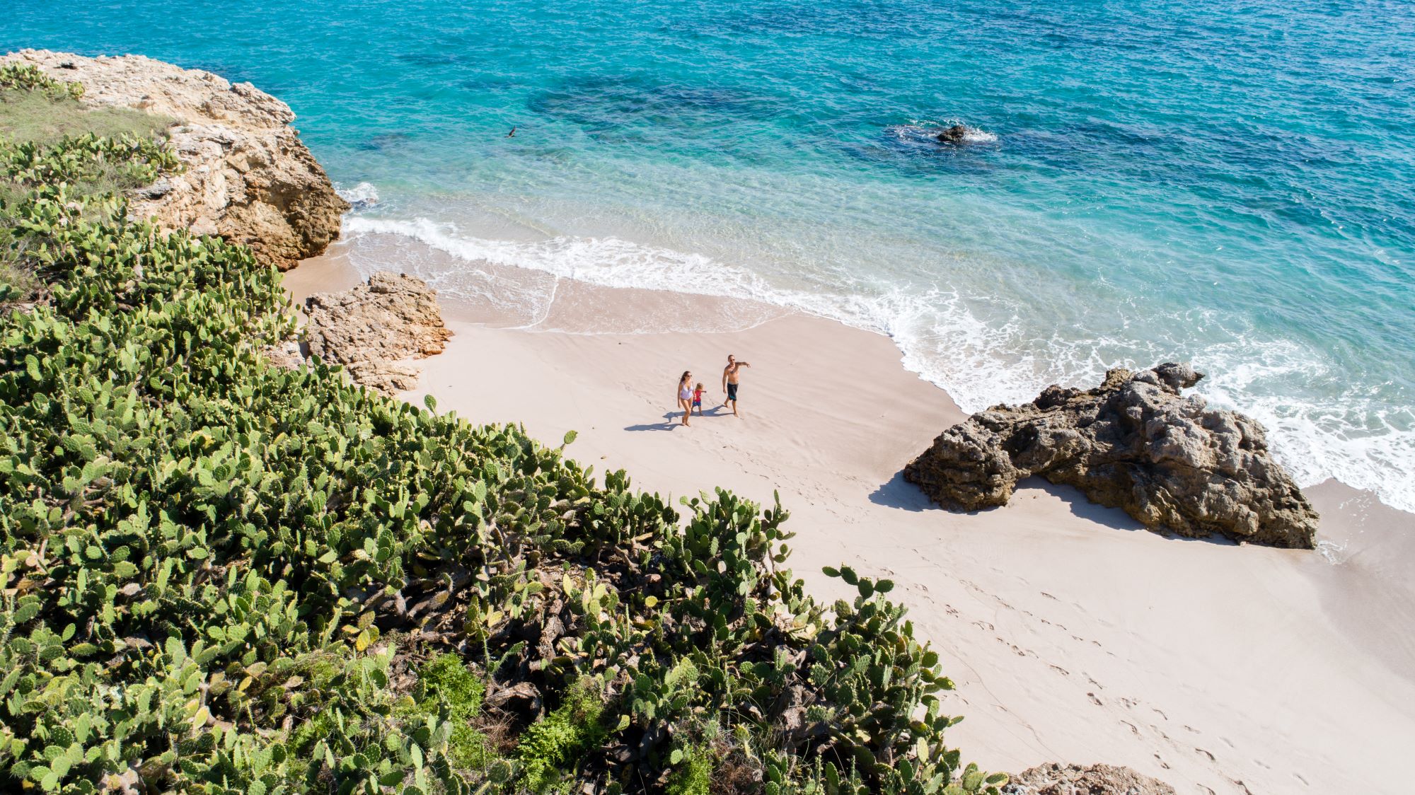An aerial photo shows a family enjoying their beach vacation with a beautiful sea view.
