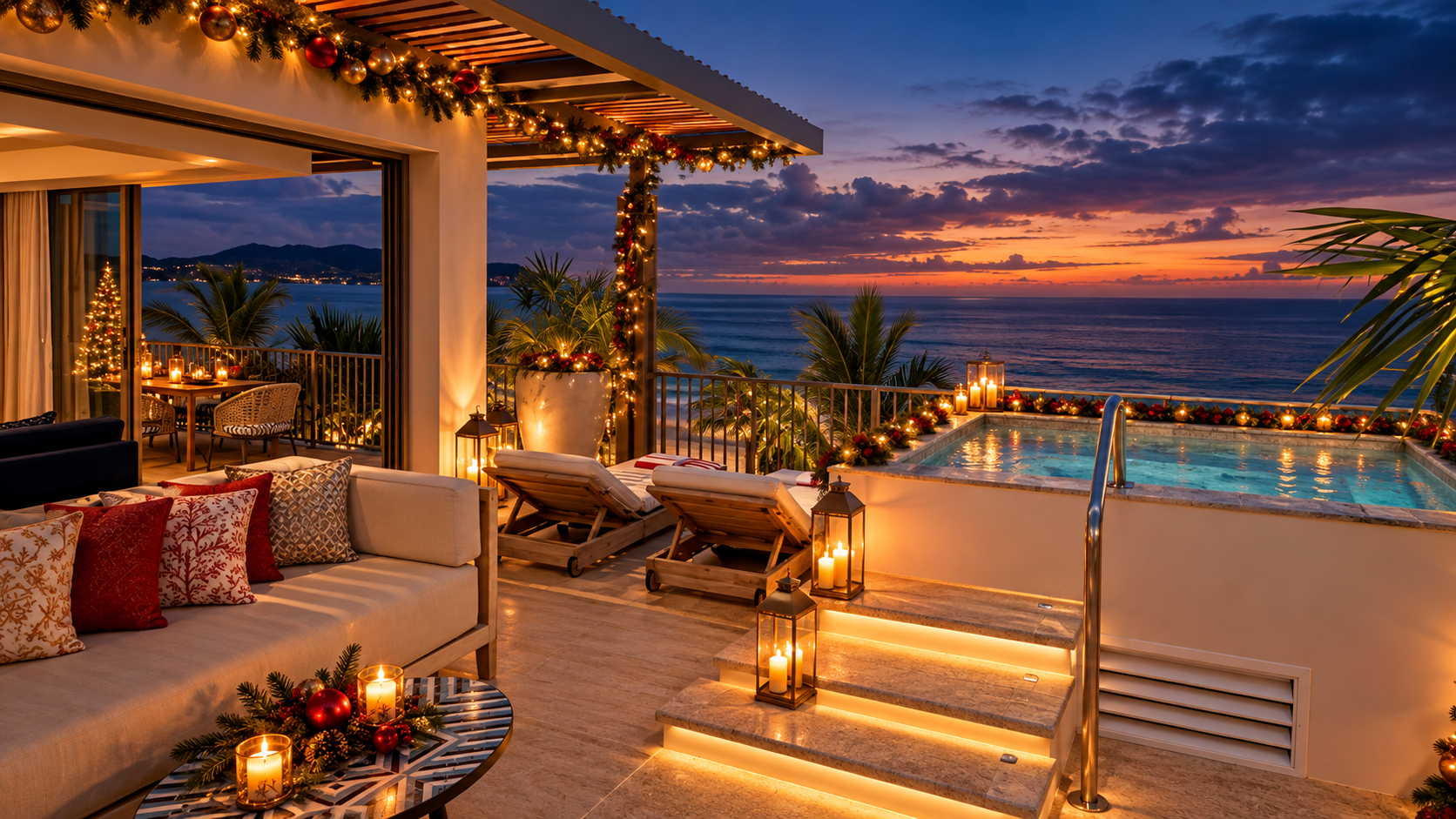 Twilight Christmas Terrace by the Ocean